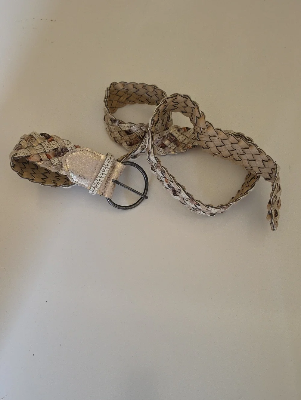 Braided Metallic Beige Leather Belt with Round Buckle
